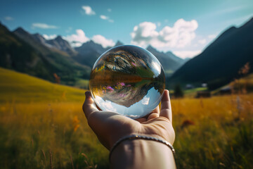 Hand holding crystal ball closeup view of round glass globe with reflection Mountain alpine meadows and grass vegetation landscape around colorful. Generative AI.