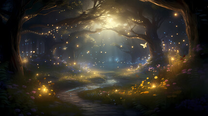 Ethereal twilight scene in a mysterious forest with trees decorated with warm lights