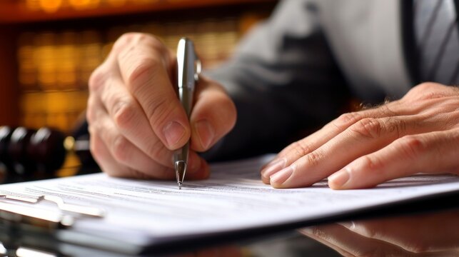 A closeup of a lawyer signing a business owners legal paperwork indicating the completion of a successful legal consultation and agreement.