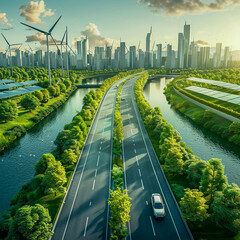 Renewable energy advancements visualized through wind solar and electric vehicles illustrating the transition to a green economy amidst climate change adaptation - obrazy, fototapety, plakaty