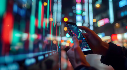 Man using phone app for stock market shares trading with holographic investment