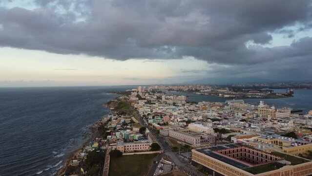 Low altitude aerial photo from the ocean of Old San Juan, Puerto Rico