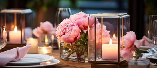 A table is adorned with a glass vase filled with vibrant pink flowers, creating a charming centerpiece. The delicate blooms stand out against the neutral backdrop, adding a pop of color to the room.
