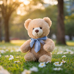 잔디밭에서 바람을 쐬고 자유를 즐기고 있는 귀여운 곰