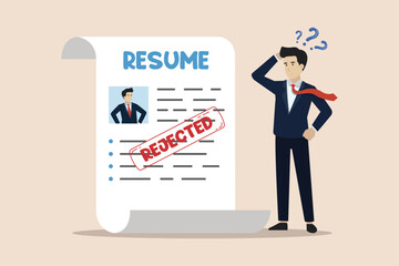Job application rejected, disqualified or hiring manager rejecting, interview failure concept, sad businessman standing with rejected resume application document.