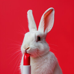 Animal testing on rabbit. A red lipstick with white rabbit, concept of cosmetic testing on animal. Cruelty free and stop animal abuse concept.
