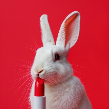 Animal testing on rabbit. A red lipstick with white rabbit, concept of cosmetic testing on animal. Cruelty free and stop animal abuse concept.