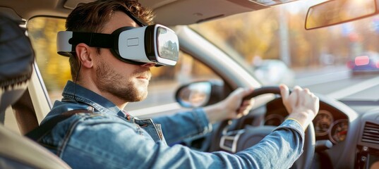 Fototapeta na wymiar Man in vr glasses takes driving exam in simulator at school, controlling vehicle with steering wheel
