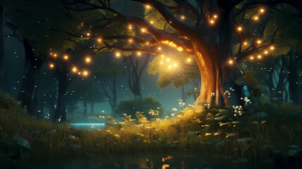 Mysterious forest, glowing trees