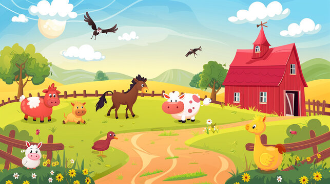 Farm background with animals cartoon 