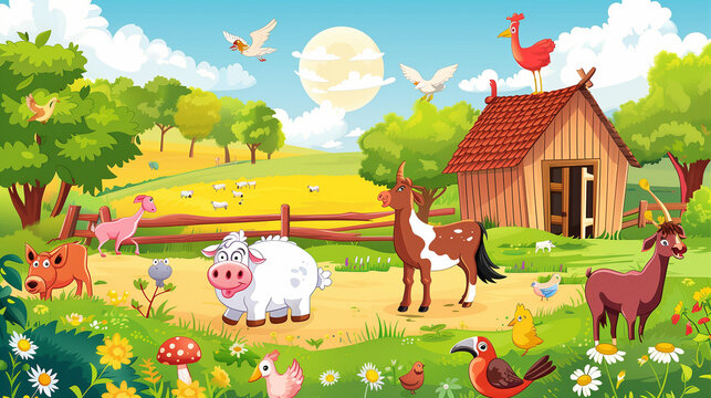 Farm background with animals cartoon 