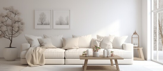 A white couch and a coffee table are the main features of this Scandinavian-style living room. The couch is sleek and modern, while the coffee table is minimalist in design.