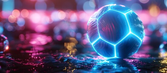 Futuristic Soccer Ball High-Definition Glowing Sphere with Neon Lights on Dark Water