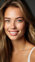 The beautiful smile on the face of a Caucasian female model with smooth, radiant skin, an evenly glowing face, and bright eyes created with Generative AI Technology