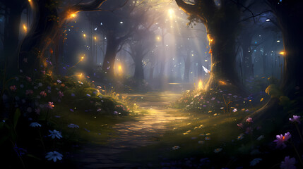 Mysterious forest, glowing trees