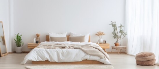 A spacious bedroom with white walls featuring a large and comfortable bed with white blankets and cushions. The room exudes a clean and minimalist aesthetic.