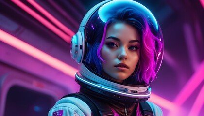 A captivating cyberpunk female character wearing a space suit, adorned with futuristic technology, creating an eye-catching details