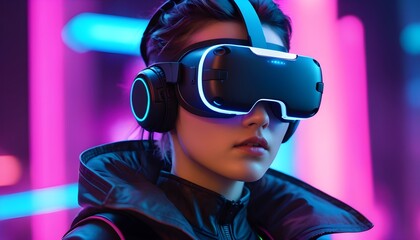A captivating cyberpunk character with short hair and wearing VR technology, creating an eye-catching detail