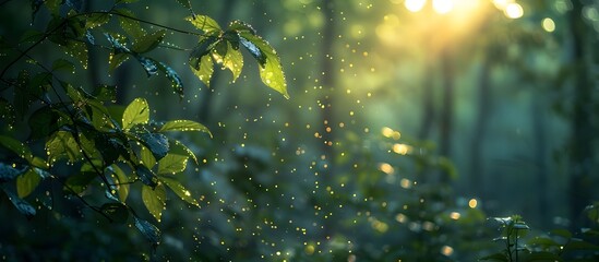 Fototapeta na wymiar Sunlight Filtered Forest Serenity with Glowing Fireflies