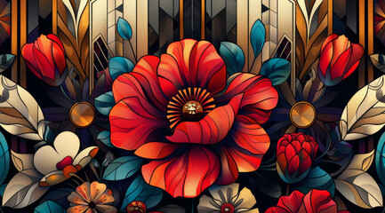 Digital drawing resembling stained glass with a red poppy and richly decorative floral art,ai generated - obrazy, fototapety, plakaty