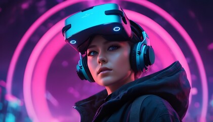 A captivating cyberpunk character with short hair and wearing VR technology, creating an eye-catching detail