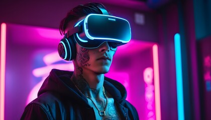  A captivating cyberpunk male character with tattoos and wearing VR technology, creating an eye-catching detail