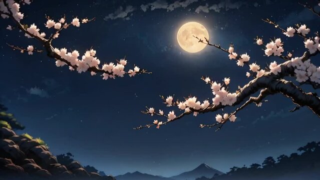 landscape with moon and sakura in the night