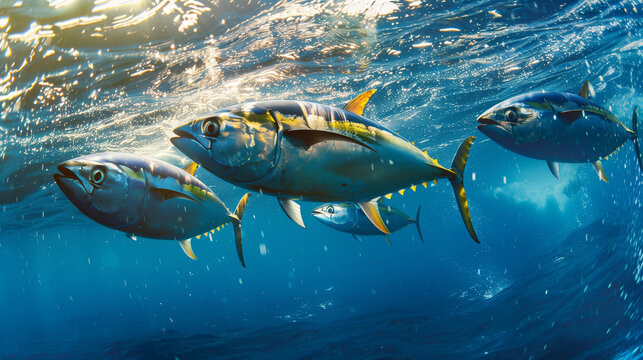 Yellowfin tuna on clear blue sea. close up photo of madidihang fish in its natural habitats.