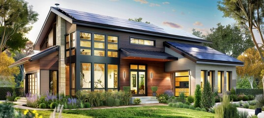 Fototapeta premium Solar panel integrated on modern house roof, harnessing sun s energy for sustainable home power