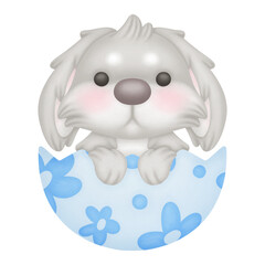 watercolor illustration easter bunny in eggshell with blue flowers