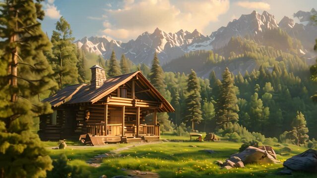 wooden house in the mountains. 4k video animation
