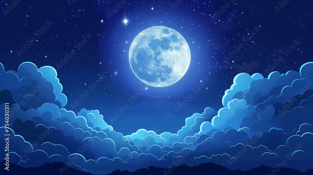 Wall mural full moon stars and clouds on the dark midnight sky. night sky scenery