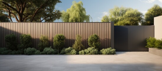 A rendering of a backyard showcasing a high security metal fence surrounding the landscaped garden. The fence features an automatic steel gate controlled by an advanced remote system for convenient - obrazy, fototapety, plakaty