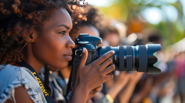 Black woman photographer with digital camera and big lens. Covering a photojournalistic event.