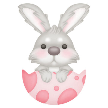 watercolor illustration easter bunny in eggshell with pink dots