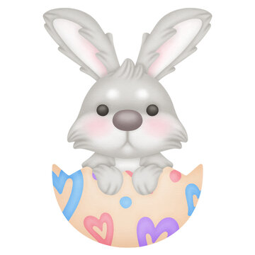 watercolor illustration easter bunny in eggshell painted heart shapes