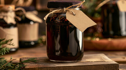 The final product a glass jar filled with a dark syrupy liquid topped with a handcrafted label and tied with a ribbon.