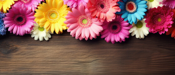 Beautiful Blooming colorful Gerbera Daisy Herbras flower on a flat wooden table created with Generative AI Technology
