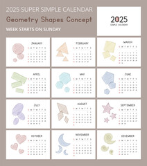 Simple 2025 Calendar Template with geometric shapes sketches concept illustrations. Minimal layout vector design. Calendar for the year 2025 tables for 12 months. Modern and elegant design