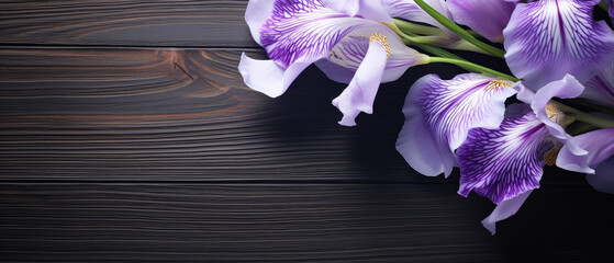 Beautiful Blooming purple Iris flower on a flat wooden table created with Generative AI Technology