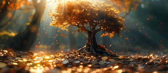 Golden Tree Thriving on a Bed of Coins Basking in Autumn Sunlight - obrazy, fototapety, plakaty
