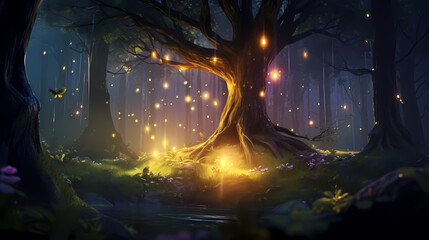 Mysterious forest, glowing trees
