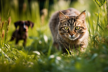 Grey color cat close-up in a hunter's pose in green grass on a summer meadow, a blurred small dog behind
