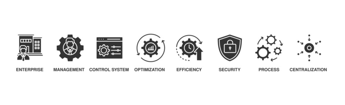 Industrial control system banner web icon illustration concept with icon of enterprise, management, control system, optimization, efficiency, security, process, centralization	