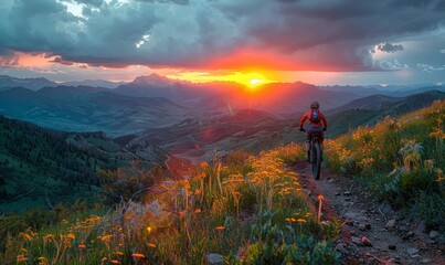 mountain biker riding at sunset, golden light illuminating the grassy hillside, with expansive views of distant mountains