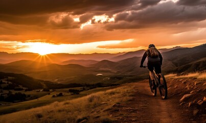 Fototapeta na wymiar mountain biker riding at sunset, golden light illuminating the grassy hillside, with expansive views of distant mountains