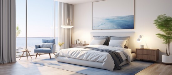 A spacious bedroom featuring a comfortable white bed, armchair, and nightstand with a large window providing a stunning view of the vast ocean outside.