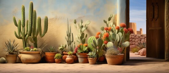 The painting depicts a desert landscape filled with various cacti and succulents. The vibrant colors of the plants contrast against the arid background, creating a striking visual of the harsh yet