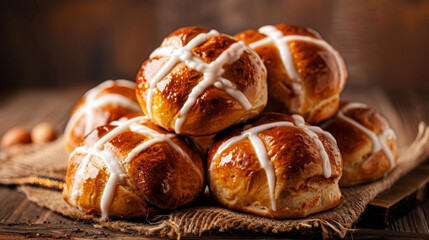 A closeup of freshly baked hot cross buns stacked high and adorned with icing crosses a classic and delicious Easter treat. - Powered by Adobe