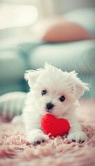 White puppy on plush rug in cozy room with heart toy, golden sunlight streaming in through window